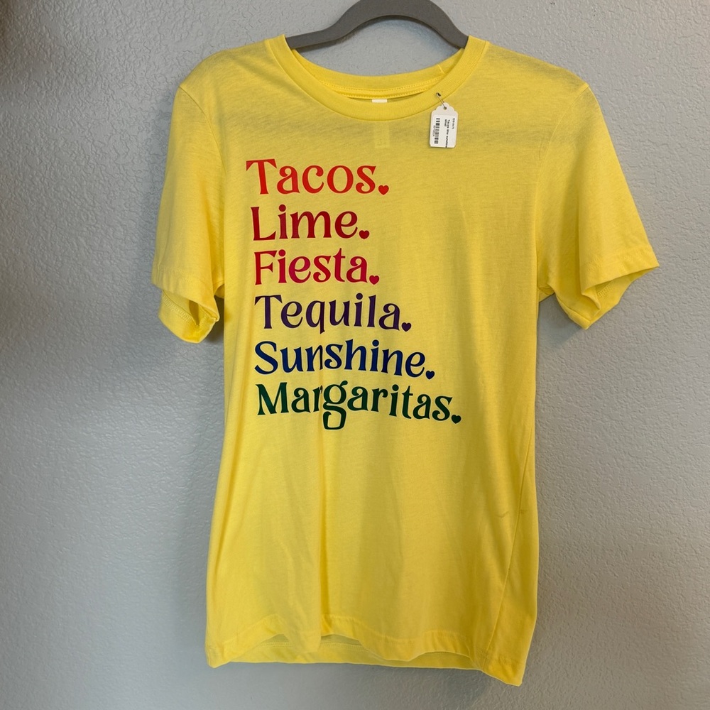 Yellow Graphic Tee with Colorful Text